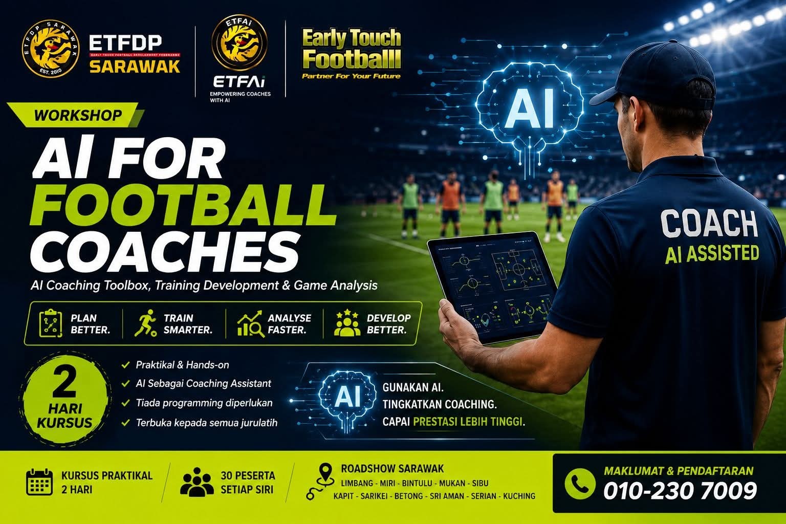 Poster kursus AI for Football Coaches dan roadshow Sarawak
